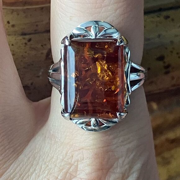 Jewelry - Natural Amber Sterling Silver Cocktail Ring Size 8